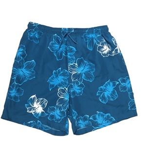 Covington tropical swim trunks mesh lining floral LG 36-38 blue & white EUC